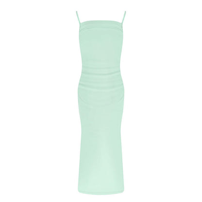 Solid Bodycon Midi Dress with Ruched Bodice and Spaghetti Straps