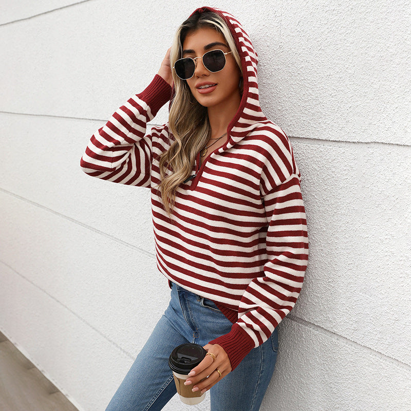 Loose Striped Knit Sweater with Hood and Quarter-Zip