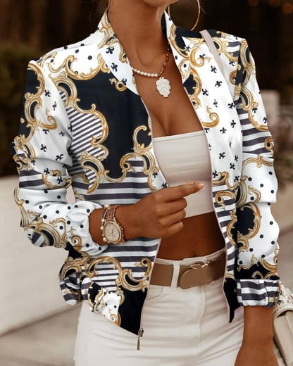 Collarless Printed Bomber Jacket with Zipper Front