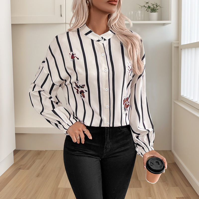 Striped Button-Down Shirt with Butterfly Print and Balloon Sleeves