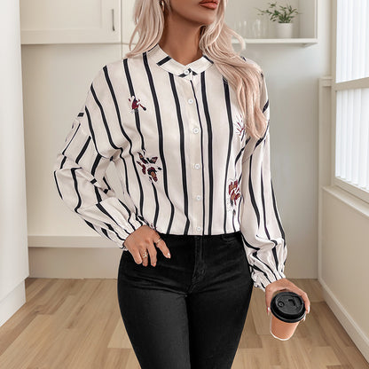 Striped Button-Down Shirt with Butterfly Print and Balloon Sleeves