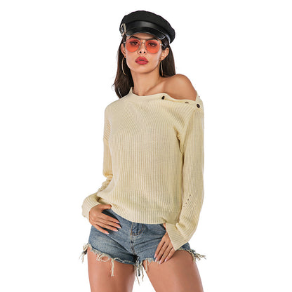Loose Knit Pullover with Off-Shoulder Button Detail