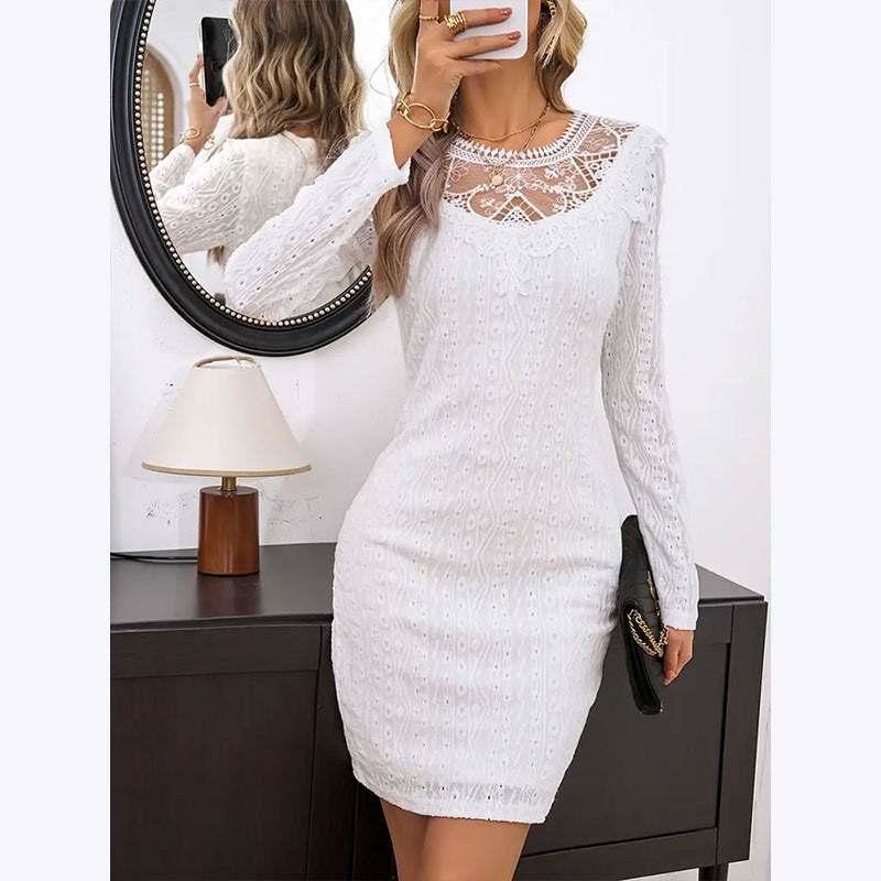 Bodycon Eyelet Dress with Lace Yoke and Long Sleeves