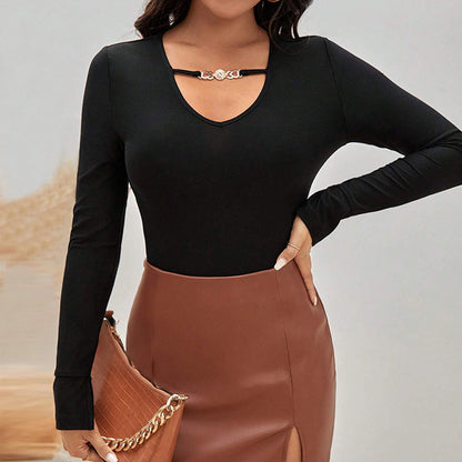 Slim Fit Long Sleeve Top with Chain V-Neck Detail