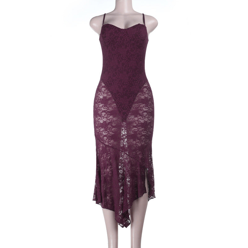 Bodycon Lace Maxi Dress with Bustier Bodice and Asymmetrical Hem