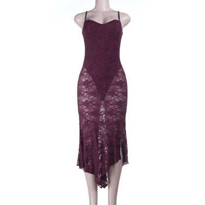 Bodycon Lace Maxi Dress with Bustier Bodice and Asymmetrical Hem
