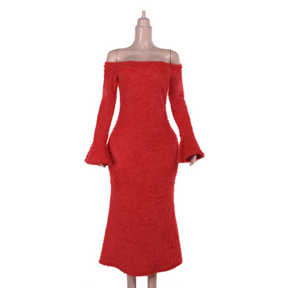 Bodycon Flocked Maxi Dress with Off-the-Shoulder Bell Sleeves