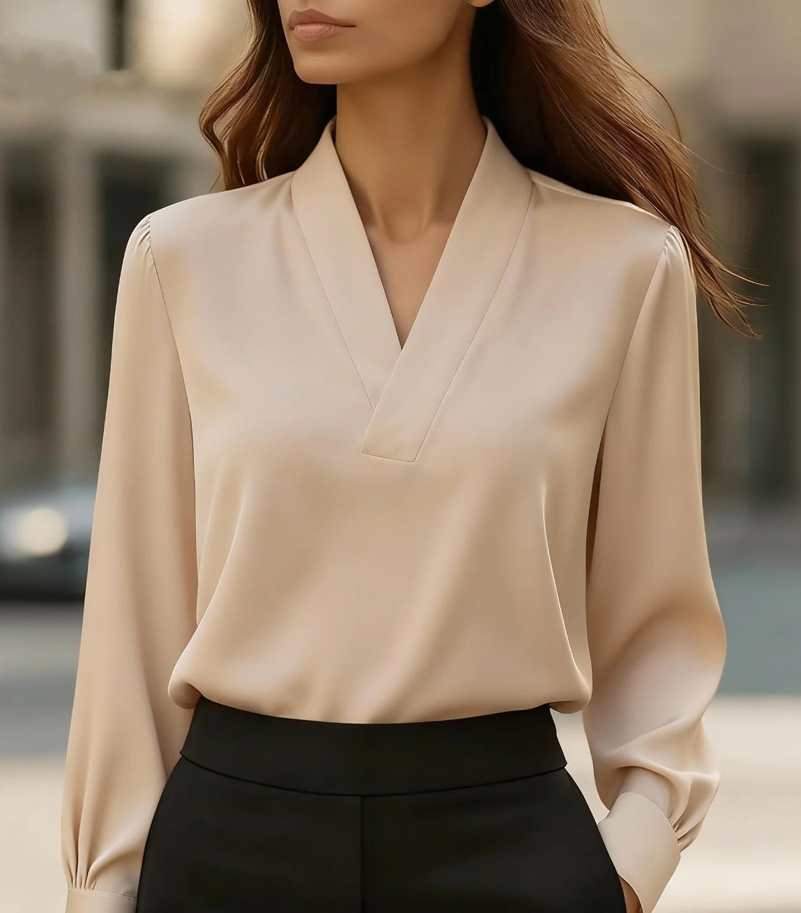 Solid Satin-Finish Long Sleeve Blouse with Notched V-Neck