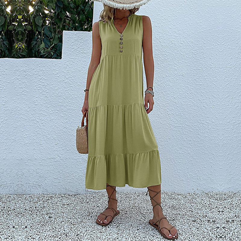 Solid A-Line Tiered Midi Dress with V-Neck and Sleeveless