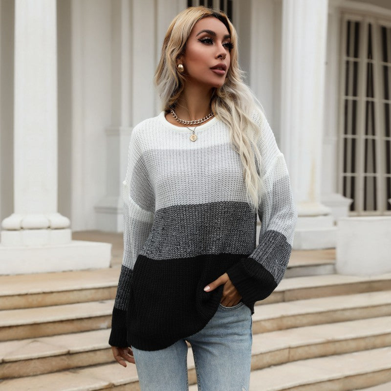 Loose Color-Block Knit Pullover with Crewneck and Long Sleeves