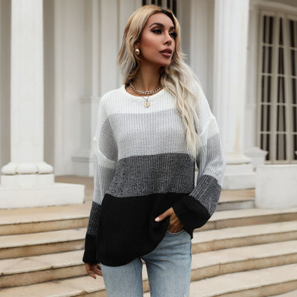 Loose Color-Block Knit Pullover with Crewneck and Long Sleeves