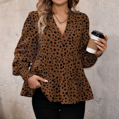 Leopard Print Peplum Blouse with Puff Sleeves