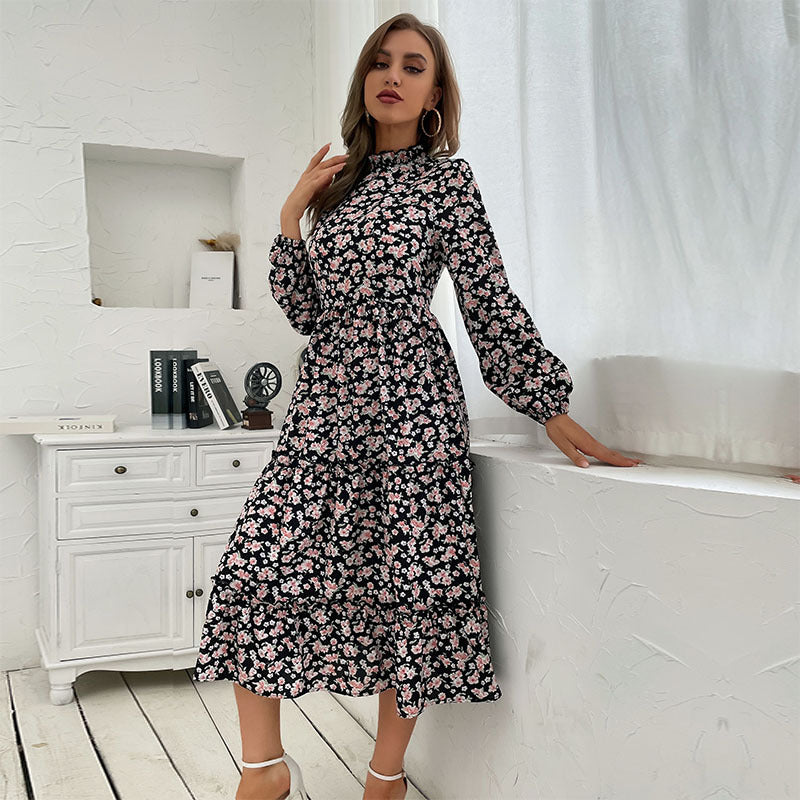 Floral A-Line Midi Dress with Mock Neck and Tiered Skirt