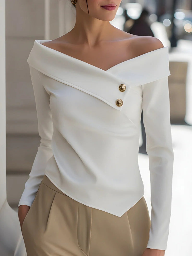Solid Off-Shoulder Long Sleeve Top with Asymmetric Button Front