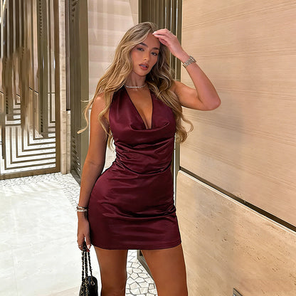 Satin Bodycon Mini Dress with Halter Cowl Neck