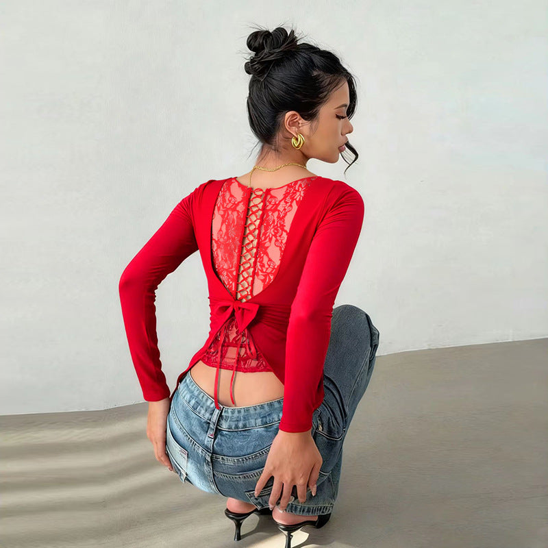 Slim Fit Long Sleeve Top with Lace-Up Back and Bow Detail