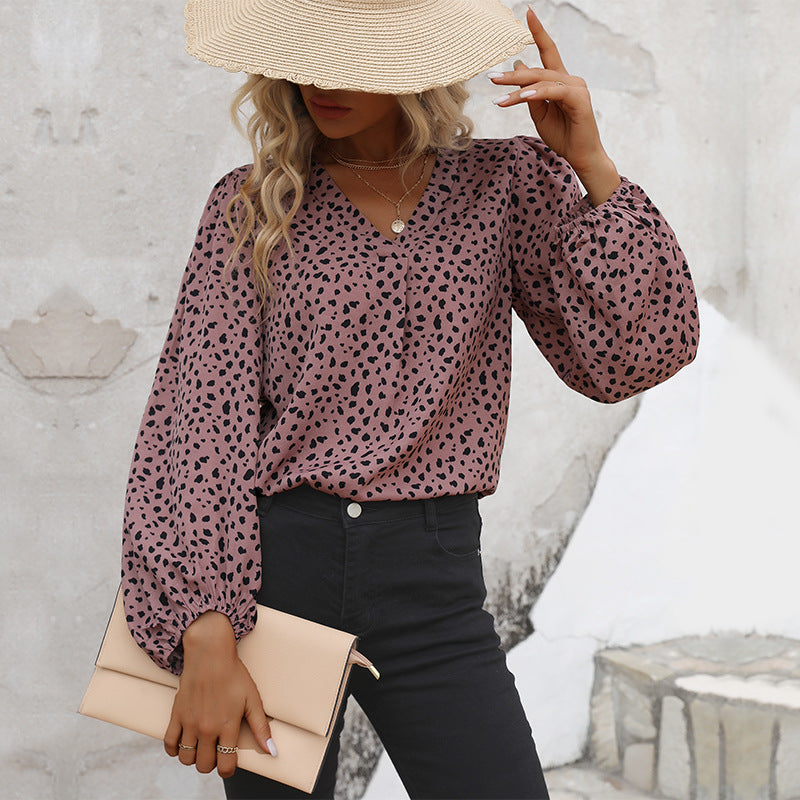 Leopard Dot Print Blouse with V-Neck and Long Sleeves