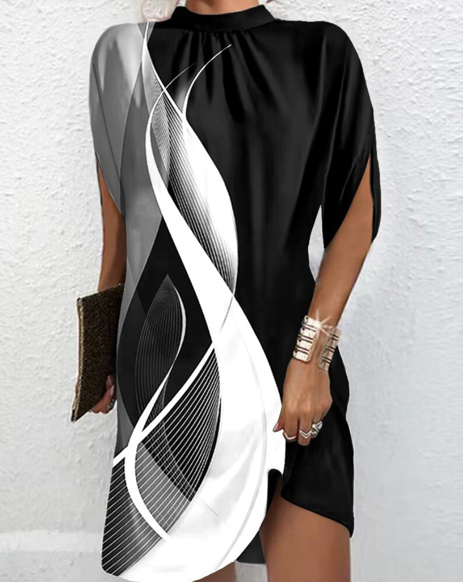 Abstract Color Block Short Dress with Mock Neck and Bat Sleeves