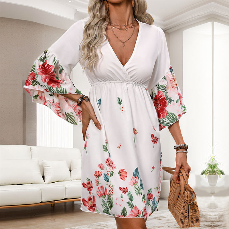 Floral Print Dress with V-Neck and Flared Three-Quarter Sleeves