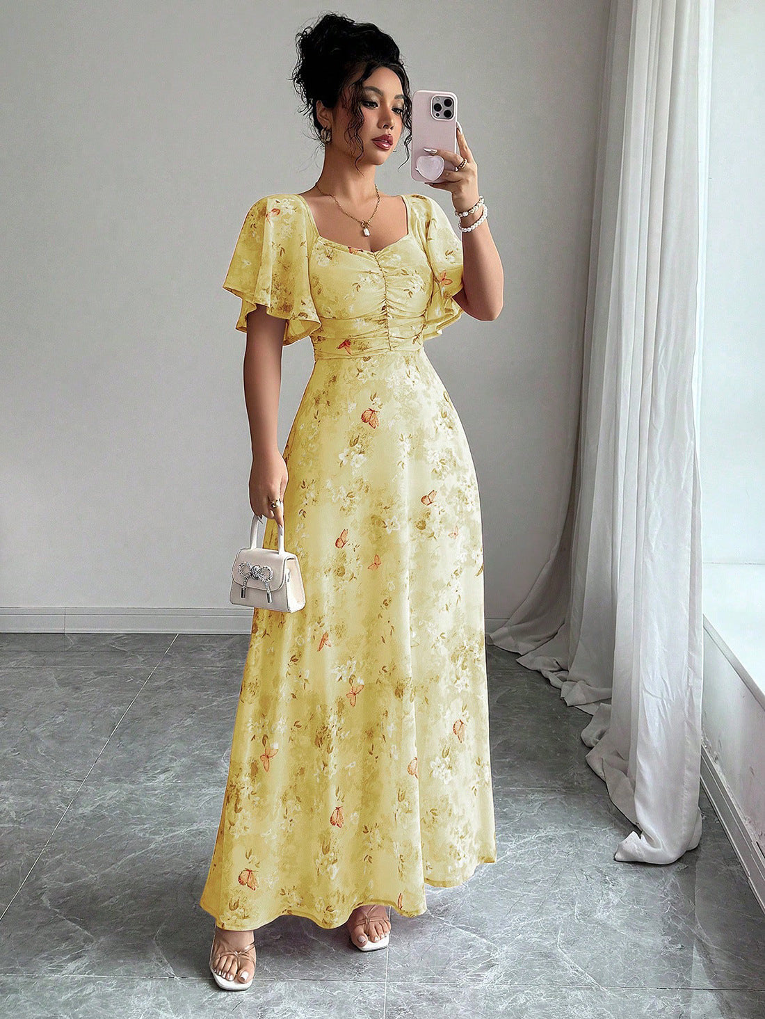 Floral Print Maxi Dress with Flutter Sleeves and Ruched Bust