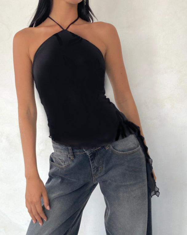 Asymmetrical Halter Crop Top with Mesh Panel and Ruffle Trim