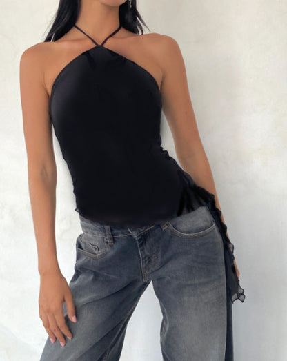 Asymmetrical Halter Crop Top with Mesh Panel and Ruffle Trim