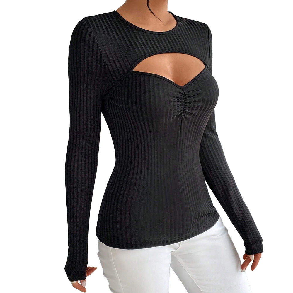 Ribbed Long Sleeve Top with Chest Cut-Out and Ruched Front