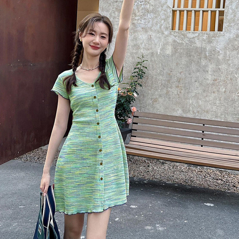 A-Line Space-Dyed Knit Mini Dress with Button Front
