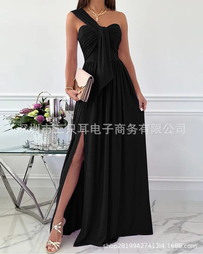 Solid Maxi Dress with One-Shoulder Knot Detail and Side Slit