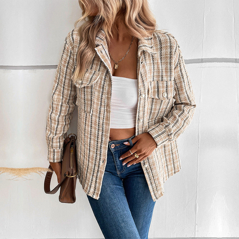 Striped Tweed Shirt Jacket with Pearl Button Pockets