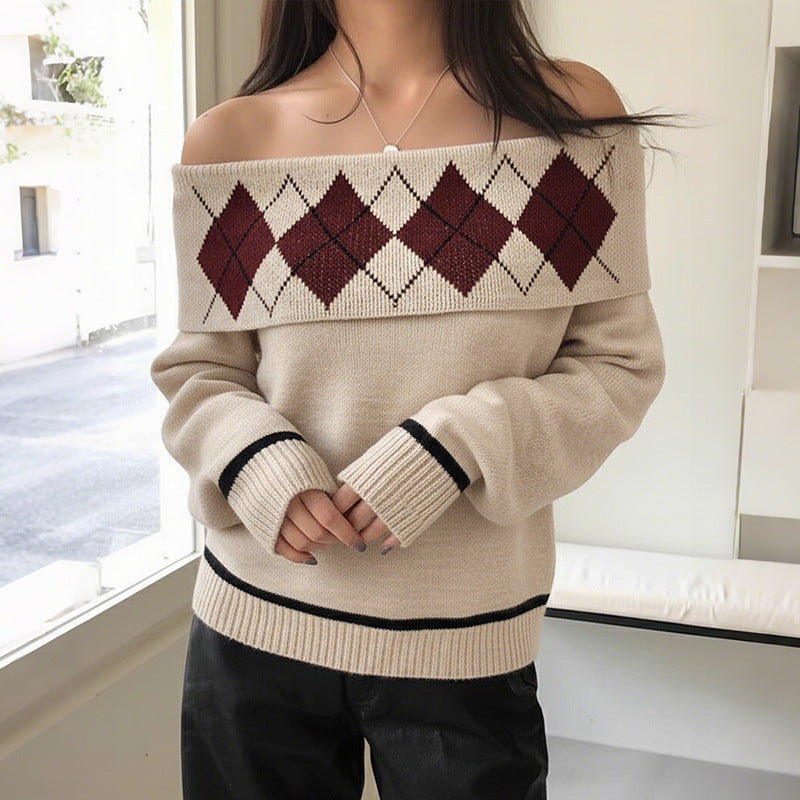 Argyle Jacquard Knit Sweater with Off-Shoulder Neckline