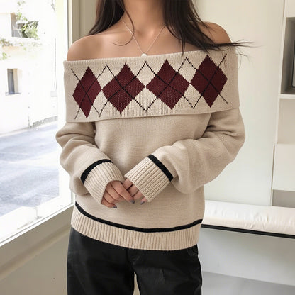 Argyle Jacquard Knit Sweater with Off-Shoulder Neckline