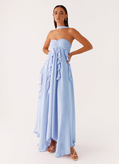 Ruffled Chiffon Maxi Dress with Halterneck and Open Back