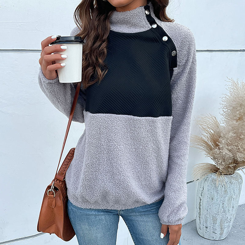 Plush Color Block Sweatshirt with Button Stand Collar