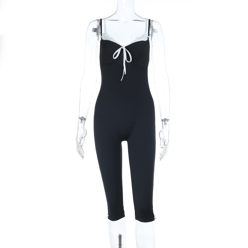 Bodycon Cropped Jumpsuit with Contrasting Trim and Bow Detail