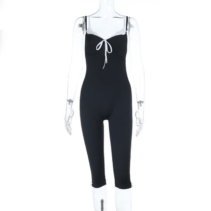 Bodycon Cropped Jumpsuit with Contrasting Trim and Bow Detail