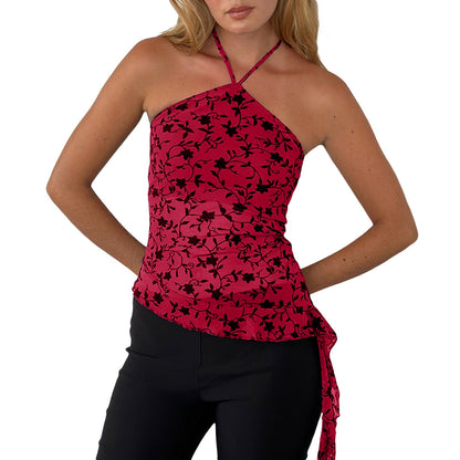 Asymmetrical Halter Crop Top with Mesh Panel and Ruffle Trim