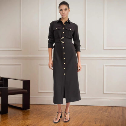 Solid A-Line Shirt Dress with Gold Buttons and Buckle Belt