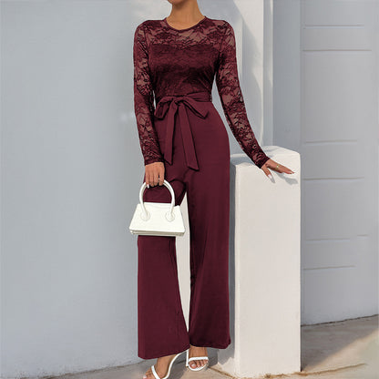 Lace Long Sleeve Jumpsuit with Tie Waist