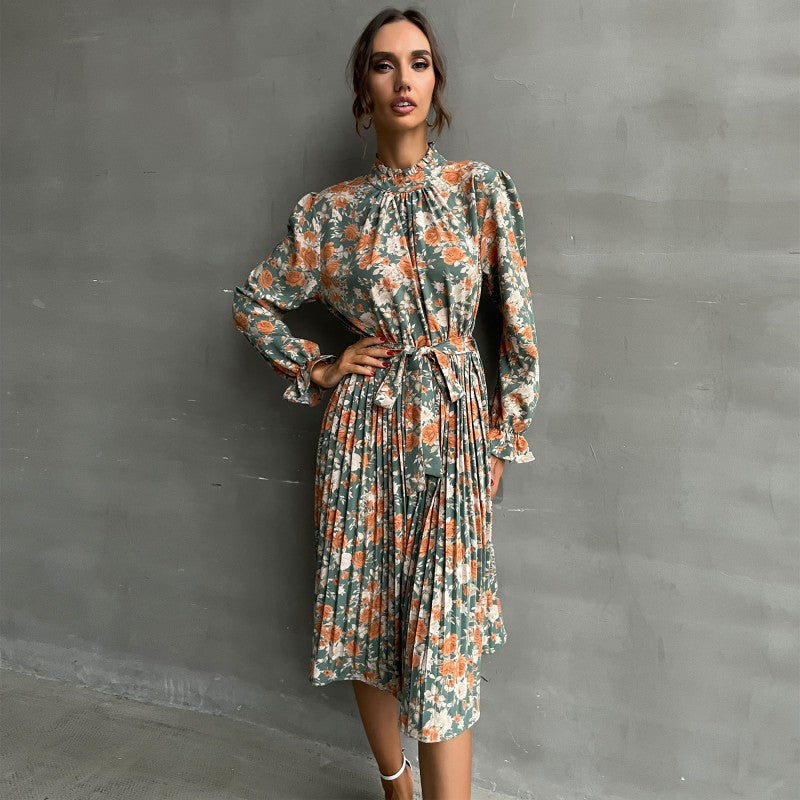 Floral Print Pleated Midi Dress with Mock Neck and Tie Waist