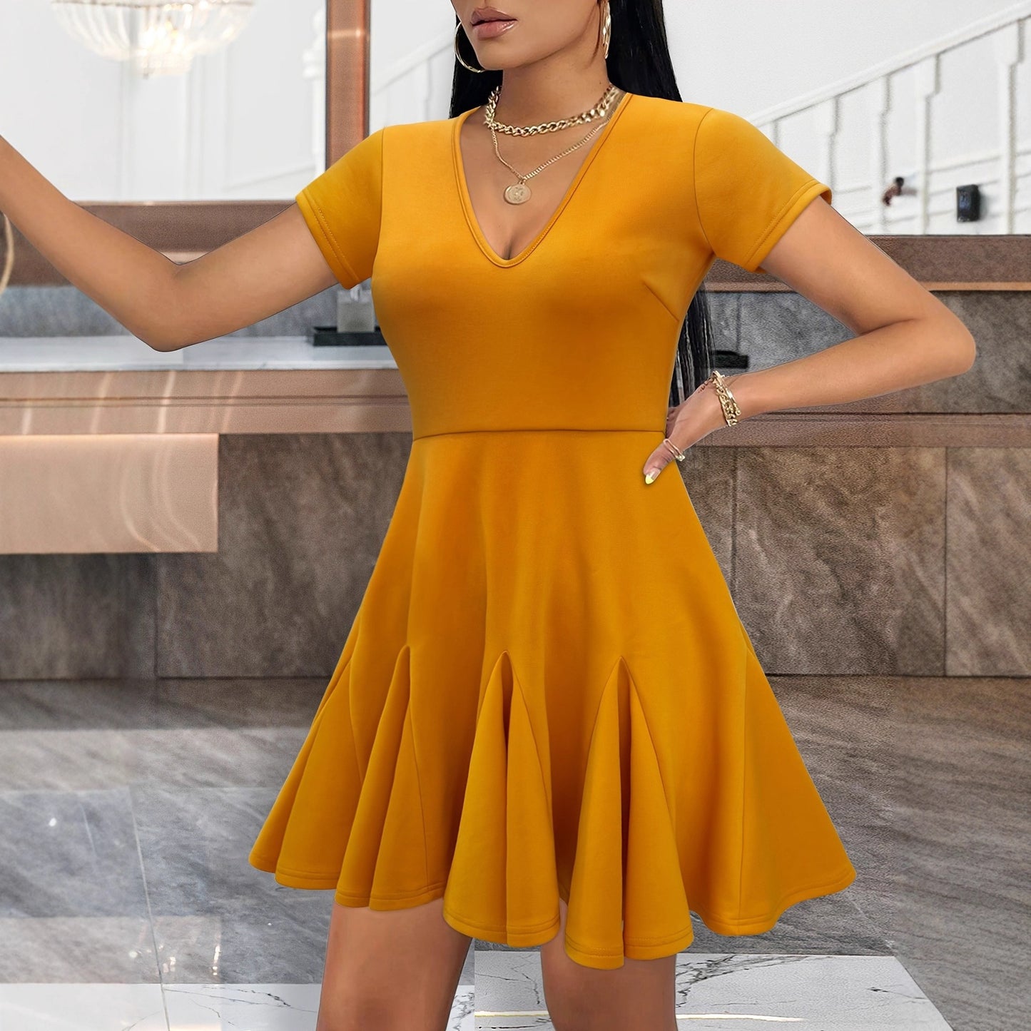 A-Line Mini Dress with Deep V-Neck and Short Sleeves
