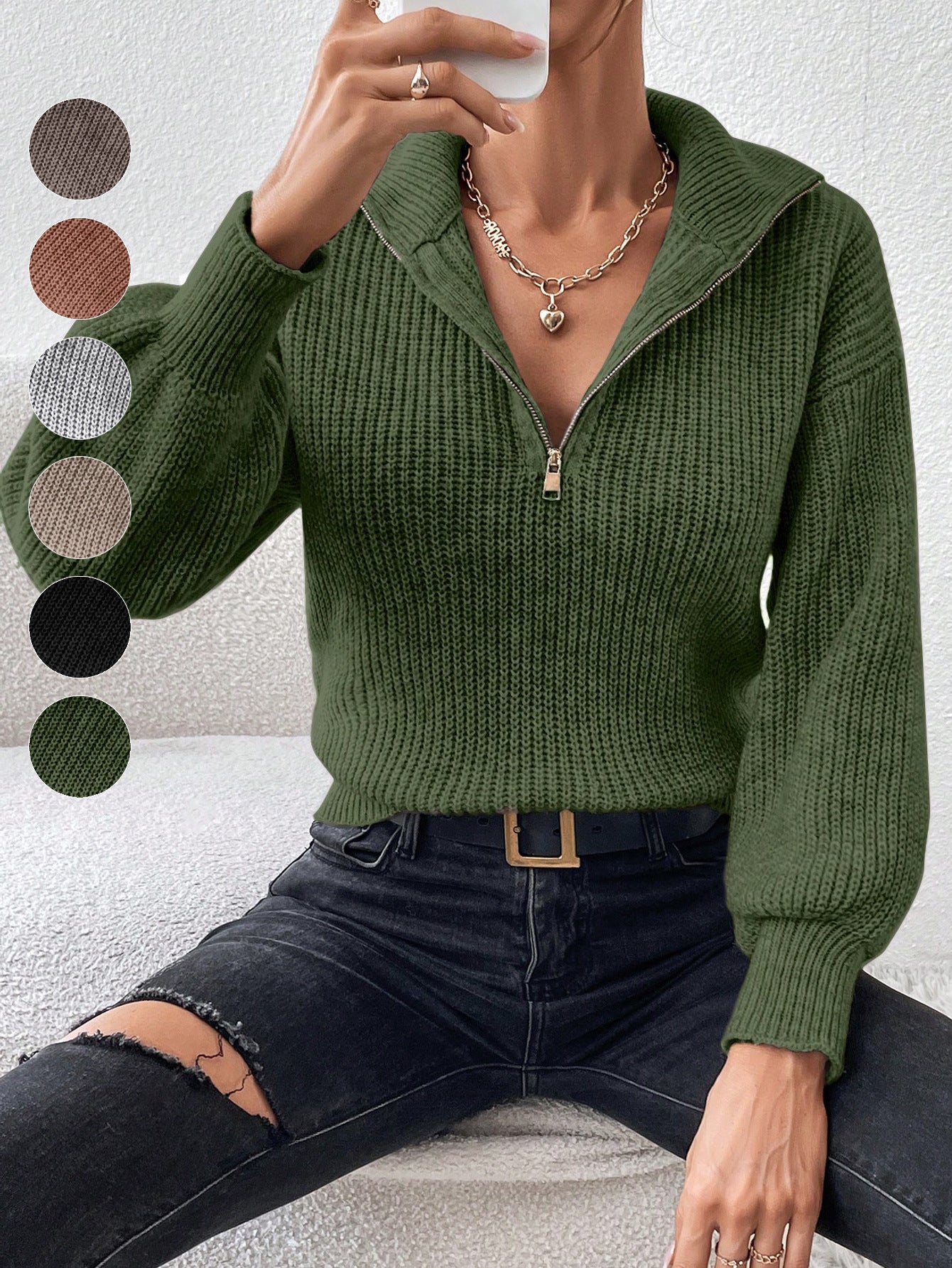 Loose Ribbed Knit Pullover with Half-Zip Polo Collar