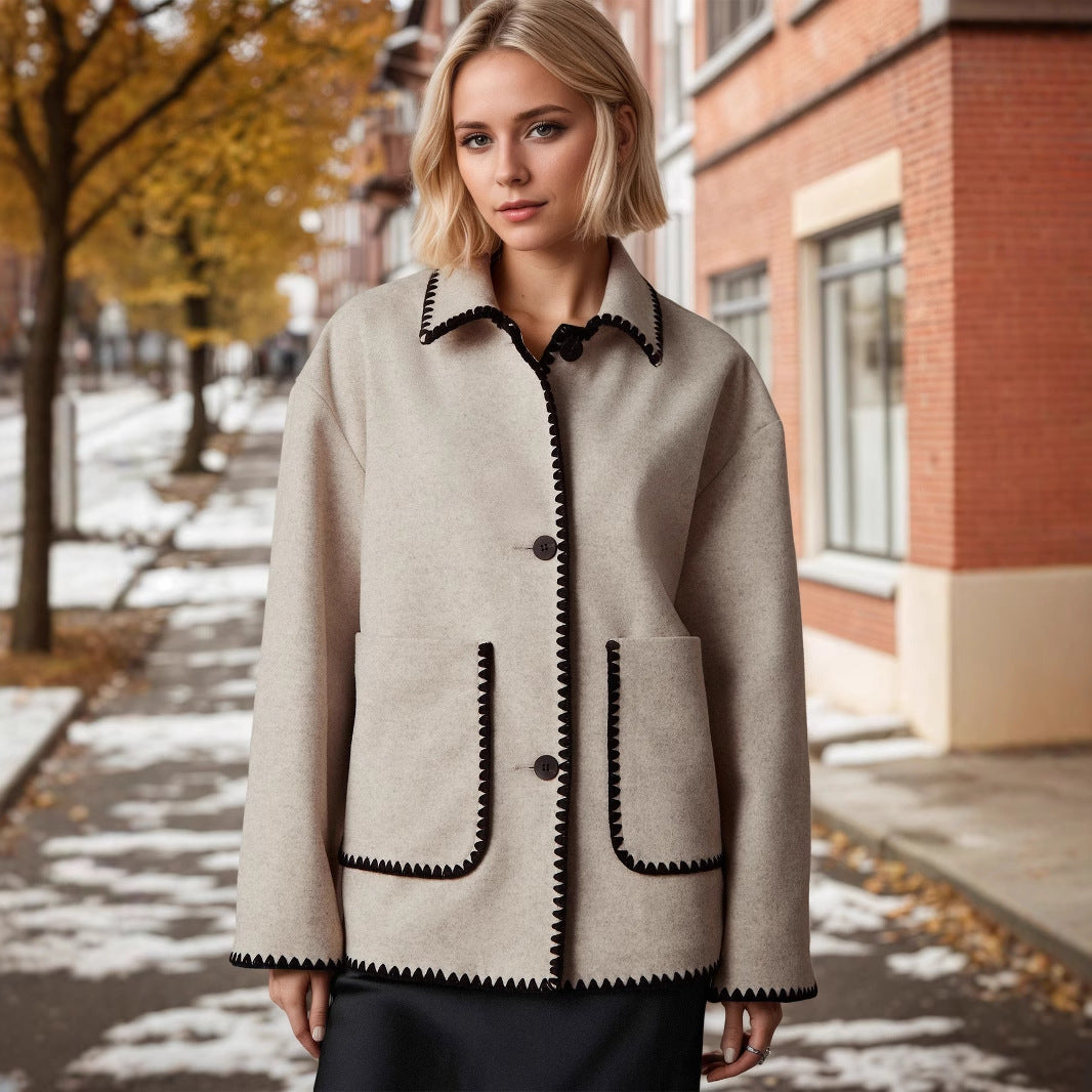 Relaxed Fit Jacket with Scalloped Contrast Trim and Lapel