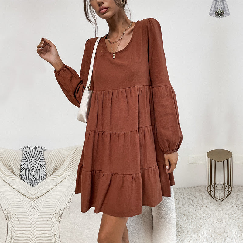 Tiered A-Line Mini Dress with Long Sleeves and Crewneck