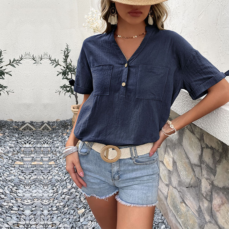 Loose-Fit V-Neck Henley Blouse with Dual Chest Pockets
