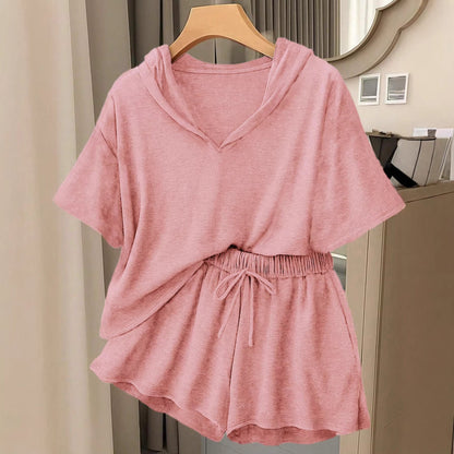 Short-Sleeve Hooded Lounge Set with Wide-Leg Shorts