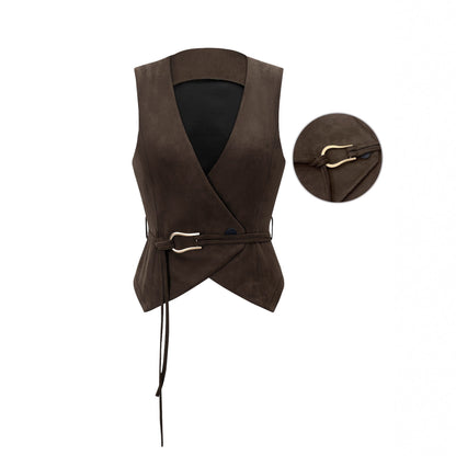 Wrap Front Suede Vest Top with V-Neck and Belt