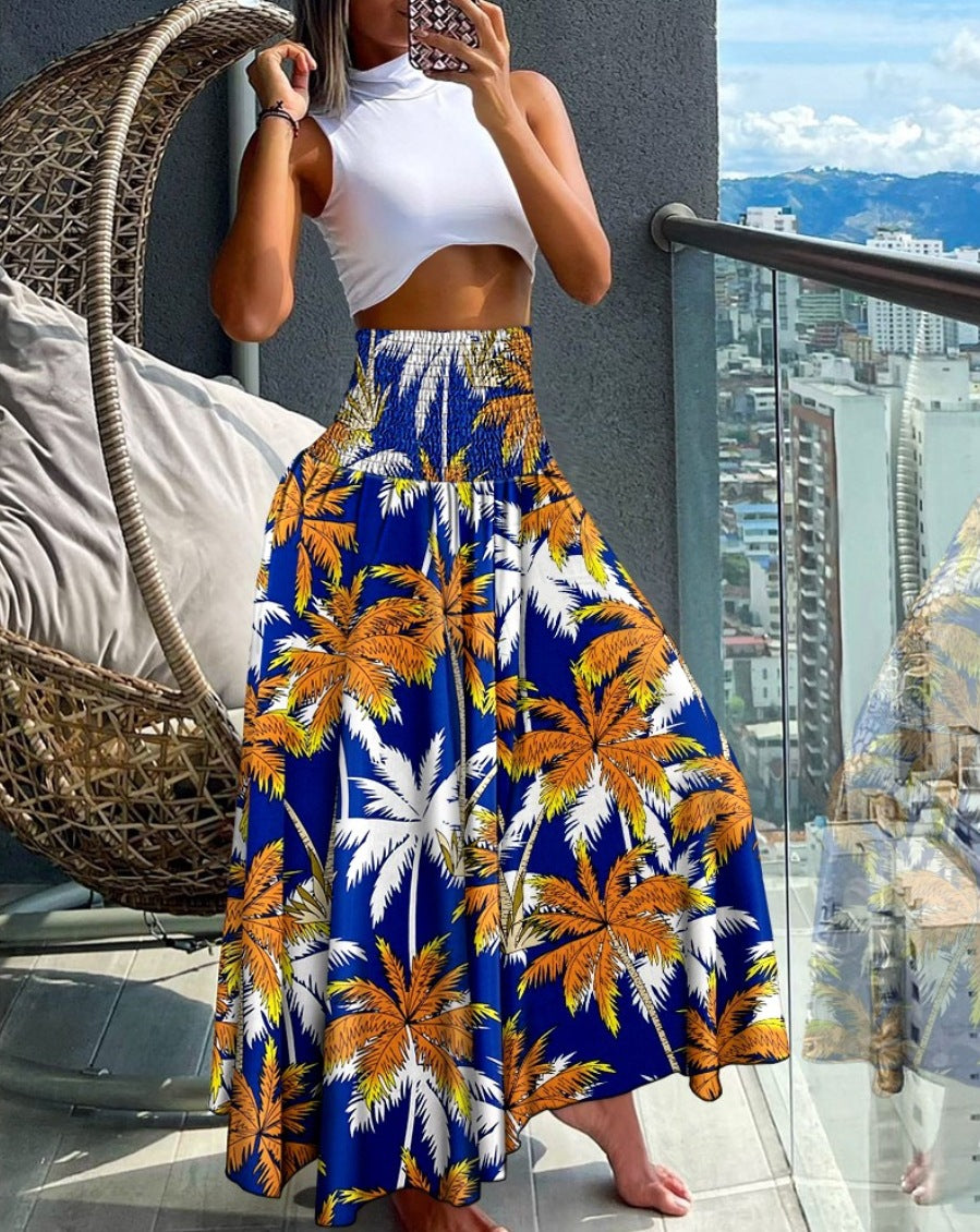 High-Waist Shirred Maxi Skirt with Print