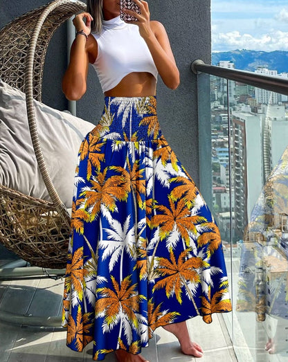 High-Waist Shirred Maxi Skirt with Print