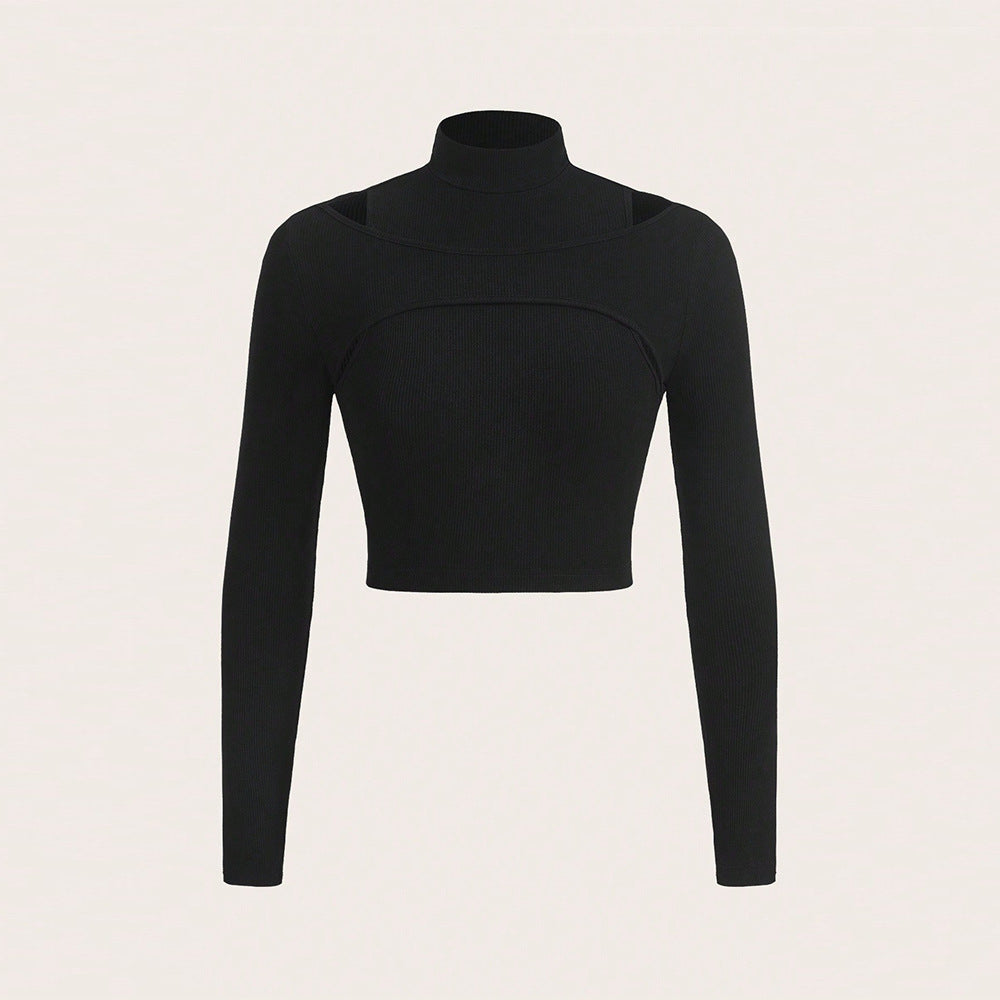 Slim Fit Ribbed Crop Top with Mock Neck and Cut-Out Detail